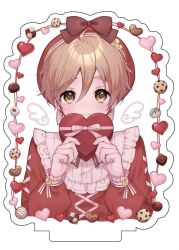 Rule 34 | 1boy, blonde hair, blush, box, candy, chocolate, chocolate heart, closed mouth, cookie, drawn wings, earrings, ensemble stars!, food, gift, gift box, grey background, heart, holding, holding gift, jewelry, long sleeves, looking at viewer, male focus, mashiro tomoya, moka (210727), red shirt, shirt, simple background, solo, yellow eyes