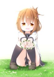Rule 34 | 10s, 1girl, anchor symbol, black socks, brown eyes, brown hair, commentary request, flower, folded ponytail, giving, grass, gurantsu, head wreath, highres, inazuma (kancolle), kantai collection, kneehighs, knees together feet apart, knees up, loafers, long sleeves, looking at viewer, open mouth, outdoors, school uniform, serafuku, shoes, sitting, skirt, socks