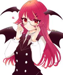 Rule 34 | 1girl, :/, adjusting eyewear, bat wings, bespectacled, black necktie, black vest, breasts, buttons, closed mouth, collared shirt, expressionless, glasses, hair ornament, hairpin, hands up, head wings, highres, koakuma, light blush, long hair, long sleeves, looking at viewer, medium breasts, necktie, necono (nyu6poko), pink eyes, pink hair, semi-rimless eyewear, shirt, simple background, solo, squiggle, swept bangs, touhou, upper body, very long hair, vest, white background, white shirt, wing collar, wings