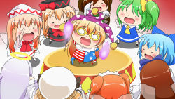 Rule 34 | 6+girls, :d, american flag dress, american flag shirt, blonde hair, blue hair, brown hair, cirno, clownpiece, daiyousei, drill hair, dual persona, green hair, halo, hat, himouto! umaru-chan, jester cap, lily black, lily white, long hair, luna child, multiple girls, open mouth, parody, short hair, side ponytail, silver hair, smile, star sapphire, sunny milk, ten&#039;yoku, touhou, trait connection, twintails, wings, zombie fairy (touhou)