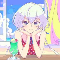 Rule 34 | 1girl, blue sky, cloud, commentary request, curtains, day, drink, e20, food, grey eyes, grey hair, head rest, ice cream, ice cream float, konno junko, long hair, looking at viewer, low twintails, melon soda, polka dot, polka dot shirt, shirt, sky, sleeveless, solo, table, twintails, upper body, window, zombie land saga