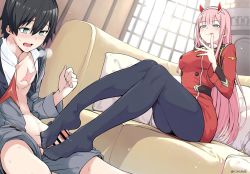 Rule 34 | 1boy, 1girl, aqua eyes, bar censor, black hair, black pantyhose, blush, censored, chicke iii, collarbone, couch, cum, darling in the franxx, feet, footjob, green eyes, hair between eyes, hairband, heavy breathing, hetero, highres, hiro (darling in the franxx), horns, long hair, military, military uniform, no shoes, open clothes, open mouth, open shirt, pantyhose, penis, pink hair, scar, sitting, sweatdrop, toes, tongue, tongue out, twitter username, uniform, very long hair, white hairband, zero two (darling in the franxx)