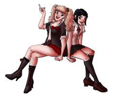 Rule 34 | 2girls, arm up, arms at sides, black footwear, black hair, black neckwear, black shirt, black skirt, blonde hair, blouse, blue eyes, boots, bow, bowtie, breasts, brown footwear, buttons, calf boots, calf socks, cleavage, collarbone, danganronpa: trigger happy havoc, danganronpa (series), enoshima junko, fake nails, hand tattoo, hand up, high heel boots, high heels, ikusaba mukuro, large breasts, leather, leather boots, legs, long hair, looking at another, medium breasts, medium hair, miniskirt, multicolored neckwear, multiple girls, nail polish, neck ribbon, necktie, open mouth, pleated skirt, red bow, red nails, red ribbon, red skirt, ribbon, shirt, siblings, sisters, sitting, skirt, smile, tattoo, thighs, tongue, transparent background, turning head, twins, upper body, white neckwear, white shirt