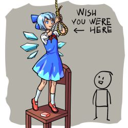 Rule 34 | 1girl, 1other, artist request, bandages, blue eyes, blue hair, breasts, chair, cirno, dress, english text, flat chest, hair ribbon, hanging, ice, ice wings, meme, ribbon, rope, shoes, short hair, small breasts, smile, soap, socks, suicide, tagme, teeth, touhou, wings