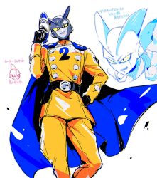 Rule 34 | 2boys, black gloves, blue cape, boots, buttons, cape, colored sclera, colored skin, double-breasted, dragon ball, dragon ball super, dragon ball super super hero, energy gun, gamma 1, gamma 2, gloves, grin, gun, hand on own hip, holding, holding gun, holding weapon, itsuki (nightlight), jacket, male focus, multiple boys, multiple views, open mouth, pants, ray gun, simple background, smile, translation request, weapon, white background, yellow jacket, yellow pants