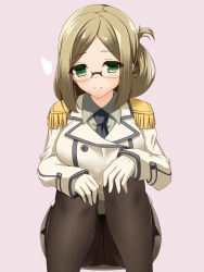 Rule 34 | 10s, 1girl, aria (okuda08808008), black pantyhose, breasts, brown hair, buttons, collared shirt, commentary request, double-breasted, epaulettes, female focus, folded ponytail, glasses, gloves, green eyes, hands on own knees, highres, jacket, kantai collection, katori (kancolle), large breasts, looking at viewer, military, military uniform, miniskirt, necktie, panties, panties under pantyhose, pantyhose, parted bangs, pink background, rimless eyewear, shirt, sitting, skirt, smile, solo, squatting, underwear, uniform, white gloves