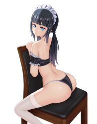 Rule 34 | 1girl, absurdres, arch, ass, bare back, bare shoulders, black hair, black panties, blue eyes, blunt bangs, chair, closed mouth, commentary request, dot nose, frills, from behind, highres, kyouji44288608, light frown, maid, maid headdress, off shoulder, original, panties, ponytail, simple background, solo, thighhighs, thighs, underwear, white background, white thighhighs
