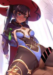 Rule 34 | 1boy, 1girl, :q, ass, black pantyhose, blush, breasts, cameltoe, censored, cleft of venus, condom, covered navel, cowgirl position, dearonnus, earrings, genshin impact, girl on top, gloves, green eyes, hair in own mouth, hair ornament, hat, hetero, highres, holding, holding condom, jewelry, leotard, long hair, medium breasts, mona (genshin impact), paid reward available, pantyhose, penis, purple hair, solo focus, straddling, stray pubic hair, tongue, tongue out, twintails, used condom, witch hat