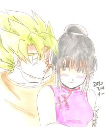 Rule 34 | 1boy, 1girl, arms at sides, bare arms, black eyes, black hair, blonde hair, blunt bangs, blush, breasts, chi-chi (dragon ball), chi (cmon 57), china dress, chinese clothes, closed mouth, collarbone, couple, dragon ball, dragonball z, dress, eyelashes, fingernails, frown, green eyes, hair bun, half-closed eyes, hand on another&#039;s arm, hetero, highres, looking at another, medium breasts, nervous, orange shirt, pale color, parted lips, pink dress, shirt, shy, side-by-side, sidelocks, sideways glance, simple background, single hair bun, sleeveless, sleeveless dress, son goku, spiked hair, super saiyan, super saiyan 1, sweatdrop, upper body, v-shaped eyebrows, wavy mouth, white background