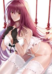 Rule 34 | 1girl, babydoll, bare shoulders, bed sheet, black gloves, breasts, cleavage, closed mouth, collarbone, fate/grand order, fate (series), gae bolg (fate), gloves, groin, hair between eyes, hands on own chest, highres, hip focus, lace, lace panties, large breasts, long hair, looking at viewer, nicky w, panties, polearm, purple hair, red eyes, scathach (fate), seiza, sidelocks, sitting, solo, spear, thighhighs, thighs, underwear, underwear only, very long hair, weapon, white babydoll, white panties, white thighhighs