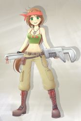 Rule 34 | 1girl, bare shoulders, belt, boots, breasts, brown hair, chain, cleavage, clothes writing, crop top, cross-laced footwear, fingerless gloves, freckles, full body, gears, gloves, green eyes, groin, hairband, headband, highres, knapsack, long hair, looking at viewer, low ponytail, midriff, navel, open mouth, original, oversized object, pants, ponytail, purdoy25, smile, solo, standing, tank top, tongue, very long hair, wrench