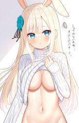 Rule 34 | 1girl, animal ears, blonde hair, blue eyes, blush, bottomless, breasts, cleavage, clothes lift, flower, hair flower, hair ornament, highres, large breasts, long hair, long sleeves, looking at viewer, mizukoshi (marumi), naked sweater, navel, no bra, original, pout, rabbit ears, sleeves past wrists, solo, stomach, sweater, sweater lift, translation request