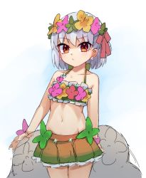 Rule 34 | 1girl, bare arms, bare shoulders, bikini, blush, brown eyes, closed mouth, collarbone, fate/grand order, fate (series), flower, green bikini, green flower, grey hair, hair flower, hair ornament, kama (fate), kama (swimsuit avenger) (fate), kama (swimsuit avenger) (first ascension) (fate), looking at viewer, miya (miyaruta), navel, pink flower, sketch, solo, swimsuit, yellow flower