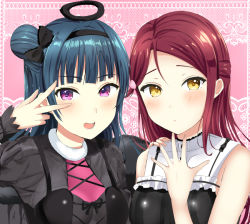 Rule 34 | 2girls, bad id, bad pixiv id, black bow, black wings, blue hair, blush, bow, commentary request, fake halo, feathered wings, frills, fur collar, hair bow, hair bun, hair ornament, hairband, hairclip, half updo, halo, hand on another&#039;s shoulder, hand up, long hair, long sleeves, looking at viewer, love live!, love live! sunshine!!, morerin, multiple girls, open mouth, pink background, purple eyes, red hair, sakurauchi riko, side bun, single side bun, sleeveless, smile, tsushima yoshiko, upper body, w over eye, wings, yellow eyes