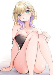 Rule 34 | 1girl, absurdres, aqua eyes, arm support, bare arms, bare shoulders, blonde hair, colored inner hair, commentary, convenient leg, feet out of frame, grin, hair ornament, hairclip, head tilt, highres, knees up, kurumi noah, kuwakuma, looking at viewer, medium hair, multicolored hair, purple hair, simple background, sitting, smile, solo, spaghetti strap, strap slip, thighs, virtual youtuber, vspo!, white background
