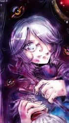 Rule 34 | 1boy, blood, blood on face, blue coat, brown eyes, closed mouth, coat, commentary, english commentary, extra eyes, glasses, hair between eyes, hair over one eye, holding, holding wrench, hoshiastraea, kiel-d-01, looking to the side, male focus, purple theme, ragnarok online, solo, upper body, white hair, wrench