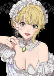 Rule 34 | 1girl, bare shoulders, blonde hair, breasts, cleavage, collar, dress, earrings, eyelashes, eyeshadow, flower, frilled collar, frilled dress, frilled hairband, frills, green eyes, hairband, heart, heart earrings, highres, idolmaster, idolmaster cinderella girls, jewelry, makeup, maou (demonlord), medium breasts, miyamoto frederica, mole, mole on breast, mole under eye, nail polish, red eyeshadow, ring, rose, short hair, snake earrings, solo, tongue, tongue out