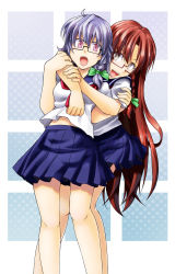 Rule 34 | 2girls, alternate costume, alto-00, bespectacled, braid, contemporary, female focus, glasses, highres, hong meiling, hug, hug from behind, izayoi sakuya, long hair, multiple girls, open mouth, red eyes, red hair, school uniform, serafuku, short hair, silver hair, surprised, touhou, twin braids