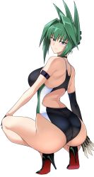 Rule 34 | 1girl, ass, bare shoulders, breasts, choker, cleavage, competition swimsuit, green hair, halcon, high heels, highres, large breasts, long hair, looking at viewer, looking back, one-piece swimsuit, shaman king, simple background, sitting, smile, solo, squatting, swimsuit, tao jun