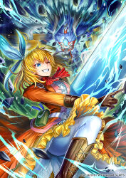 Rule 34 | 1girl, armor, blonde hair, blue eyes, breasts, dress, full armor, gloves, long hair, maya schrodinger, medium breasts, official art, one eye closed, phima, ribbon, smile, wild arms, wild arms: million memories, wild arms 3