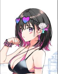 Rule 34 | 1girl, alternate costume, azki (hololive), bikini, black hair, breasts, colored inner hair, ear piercing, eyewear on head, hand up, hololive, looking at viewer, medium breasts, medium hair, multicolored hair, nonbire, piercing, pink hair, purple eyes, simple background, solo, sunglasses, sunglasses on head, swimsuit, unfinished, virtual youtuber, white background