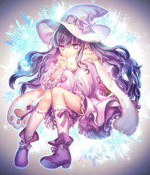 Rule 34 | 1girl, aura, backlighting, boots, clothes, dress, expressionless, frilled dress, frills, full body, hand grab, hat, kneehighs, knees together feet apart, long hair, long sleeves, original, own hands together, purple dress, purple eyes, purple footwear, purple hair, ribbon-trimmed legwear, ribbon trim, scarf, shionty, sidelocks, snowflakes, socks, solo, sparkle, star (symbol), tales weaver, very long hair, wavy hair, white socks, witch hat