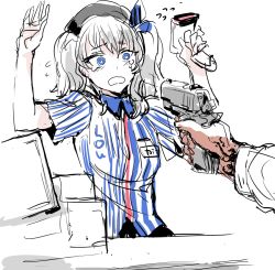 Rule 34 | 10s, 1boy, 1girl, arms up, at gunpoint, barcode scanner, beret, blue eyes, clerk, employee uniform, flying sweatdrops, gun, handgun, hat, holding, holding gun, holding weapon, indoors, kantai collection, kashima (kancolle), lawson, name tag, open mouth, osakana (denpa yun&#039;yun), pov, pov hands, scanner, scared, silver hair, solo focus, tears, twintails, uniform, weapon