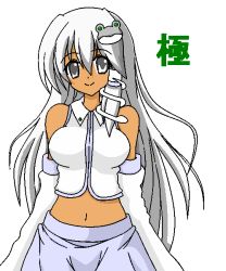 Rule 34 | 1girl, alternate color, alternate hair color, bare shoulders, breasts, colorized, detached sleeves, grey eyes, grey hair, hair ornament, hair tubes, kochiya sanae, long hair, looking at viewer, midriff, osashin (osada), simple background, smile, solo, touhou, very long hair, white background, zatto (kita)