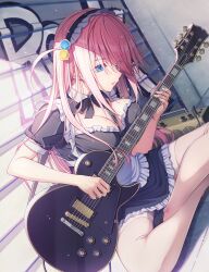 Rule 34 | 1girl, alternate costume, apron, black dress, blue eyes, bocchi the rock!, breasts, cleavage, cube hair ornament, dress, electric guitar, enmaided, frilled apron, frills, gotoh hitori, graffiti, guitar, hair ornament, highres, holding, holding instrument, ikeda yasuhiro, indian style, instrument, large breasts, light particles, maid, maid apron, maid headdress, music, parted lips, pink hair, playing instrument, puffy short sleeves, puffy sleeves, short sleeves, side ahoge, sitting, solo, thighhighs, waist apron, white apron, white thighhighs
