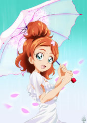 Rule 34 | 1girl, :d, blue background, blue eyes, brown hair, dress, from side, go! princess precure, gradient background, hair ornament, haruno haruka, holding, holding umbrella, long hair, looking at viewer, one side up, open mouth, petals, pink umbrella, precure, short sleeves, signature, smile, solo, standing, sundress, tomo5656ky, umbrella, upper body, white background, white dress