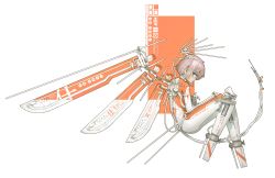 Rule 34 | 1girl, absurdres, closed mouth, copyright notice, highres, looking at viewer, mechanical legs, mechanical wings, ne baozi, original, pink hair, rectangle, short hair, sitting, smile, solo, white background, wings, wire, writing
