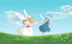 Rule 34 | 2girls, bad id, bad pixiv id, blonde hair, blue dress, blue eyes, blue hair, bow, bowtie, capelet, cirno, day, dress, female focus, frilled capelet, frilled dress, frills, hair ribbon, hand on headwear, hat, holding hands, lily white, long hair, long sleeves, multiple girls, natsume (menthol), natsume (pixiv), puffy short sleeves, puffy sleeves, red bow, red bowtie, ribbon, short hair, short sleeves, sky, touhou, white dress, white hat, wings, yellow eyes