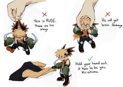 Rule 34 | 2boys, angry, bakugou katsuki, blonde hair, boku no hero academia, boots, checkmark, chibi, clenched teeth, commentary, diced rice, english commentary, english text, fingernails, highres, holding, how to hold x (meme), kirishima eijirou, lifting person, male focus, meme, mini person, miniboy, multiple boys, out of frame, red eyes, short hair, simple background, spiked hair, squeezing, standing, teeth, white background, x