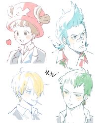 Rule 34 | 4boys, :3, ahoge, alternate costume, antlers, bandaid, bandaid on face, bandaid on nose, black eyes, blonde hair, blue eyes, blue hair, blush, brown hair, cherry blossoms, cigarette, collared shirt, commentary, curly eyebrows, earrings, expressionless, formal, franky (one piece), green hair, grey eyes, hair over one eye, hat, hawaiian shirt, horns, humanization, jewelry, korean text, long bangs, looking to the side, male focus, mob0322, multiple boys, one piece, reindeer antlers, roronoa zoro, sanji (one piece), school uniform, shirt, short hair, sideburns, single earring, smile, spiked hair, suit, sweat, sweatdrop, tony tony chopper, translation request, uniform, upper body, yellow eyes