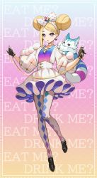 Rule 34 | 1girl, absurdres, alice (alice in wonderland), alice in wonderland, black footwear, black gloves, blonde hair, blue eyes, bow, bow hairband, cat, cheshire cat (alice in wonderland), dress, english text, flat chest, gloves, hairband, highres, jewelry, key, open mouth, pantyhose, shoes, solo, standing, text background, white dress, yuu (higashi no penguin)