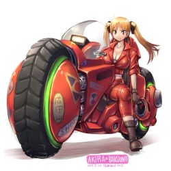 Rule 34 | akira (manga), amania orz, bakuon!!, blonde hair, bodysuit, boots, breasts, cleavage, collar, kaneda shoutarou&#039;s bike, large breasts, long hair, looking at viewer, motor vehicle, motorcycle, open clothes, red eyes, simple background, sitting, smile, solo, suzunoki rin, twintails, vehicle, white background