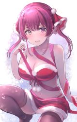 Rule 34 | 1girl, alternate costume, bare arms, bare shoulders, between breasts, bikini, breasts, brown thighhighs, christmas, cleavage, enumiyaa, fur trim, hair ribbon, hand up, heterochromia, highres, hololive, houshou marine, large breasts, long hair, looking at viewer, midriff, miniskirt, navel, open mouth, red bikini, red eyes, red hair, red ribbon, red skirt, ribbon, santa bikini, santa costume, skirt, solo, squatting, stomach, strapless, strapless bikini, swimsuit, thighhighs, twintails, virtual youtuber, yellow eyes