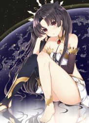 Rule 34 | 1girl, :o, akae neo, arm rest, arm support, armlet, asymmetrical legwear, bare arms, bare legs, bare shoulders, barefoot, black gloves, black hair, black ribbon, black thighhighs, breasts, crown, earrings, earth (planet), elbow gloves, fate/grand order, fate (series), feet, female focus, gem, gloves, hair ribbon, head rest, head tilt, highres, hoop earrings, ishtar (fate), jewelry, knees together feet apart, knees up, legs, long hair, midriff, neck, neck ring, open mouth, outdoors, planet, red eyes, reflection, revealing clothes, ribbon, single elbow glove, single glove, single thighhigh, small breasts, solo, space, strapless, thighhighs, toeless legwear, toes, tohsaka rin, two side up, type-moon, uneven legwear, very long hair, waist cape
