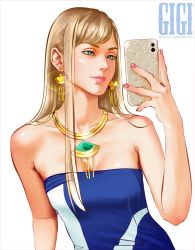 Rule 34 | 1girl, absurdres, arm at side, bare arms, bare shoulders, blonde hair, blue dress, blue eyes, breasts, cellphone, character name, cleavage, closed mouth, collarbone, dress, earrings, gigi andalusia, gundam, gundam hathaway&#039;s flash, hair behind ear, hand up, highres, holding, holding phone, jewelry, lips, long hair, looking at object, looking at phone, louis vuitton (brand), neck, necklace, phone, realistic, selfie, sidelocks, small breasts, smartphone, smile, solo, strapless, strapless dress, upper body, walkermachine, white background