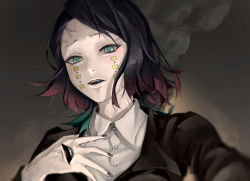 Rule 34 | 1boy, aqua eyes, aqua hair, black hair, black jacket, black nails, collared shirt, eigh, enmu (kimetsu no yaiba), extra mouth, facial mark, fangs, hand on own chest, horizontal pupils, jacket, kimetsu no yaiba, looking at viewer, male focus, mismatched pupils, multicolored hair, nail polish, oni, open mouth, outstretched arm, parted lips, reaching, reaching towards viewer, red hair, shirt, smoke, solo, streaked hair, veins, veiny hands