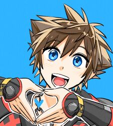 Rule 34 | 1boy, :d, black gloves, black shirt, blue background, blue eyes, brown hair, close-up, fingerless gloves, gloves, head tilt, heart, heart hands, heart in heart hands, kingdom hearts, kingdom hearts ii, light blush, looking at viewer, male focus, open mouth, outline, shirt, short hair, smile, solo, sora (kingdom hearts), spiked hair, sunx7443, tongue, white outline
