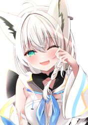 Rule 34 | 1girl, animal ears, aqua eyes, bare shoulders, detached sleeves, highres, hololive, looking at viewer, open mouth, shirakami fubuki, solo, torimuraa, virtual youtuber, white hair, wolf ears