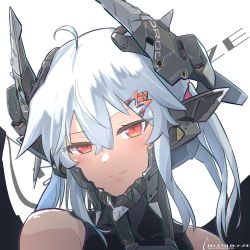 Rule 34 | 1girl, ahoge, bare shoulders, chin guard, closed mouth, collarbone, commentary request, fang, hair between eyes, hair ornament, hairclip, headgear, looking at viewer, mecha musume, medium hair, natsukaze shigure, original, raised eyebrow, red eyes, skin fang, slit pupils, smile, solo, white background, white hair