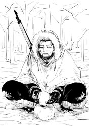Rule 34 | 1boy, arisaka, black eyes, black gloves, black hair, black jacket, black pants, bolt action, buttons, cape, closed mouth, collared jacket, commentary request, facial hair, facial scar, full body, fur-trimmed hood, fur trim, gaiters, gloves, golden kamuy, greyscale, gun, hair strand, highres, holding snowman, hood, hood up, hooded cape, imperial japanese army, jacket, long sleeves, male focus, military, military uniform, monochrome, nobu gk, ogata hyakunosuke, outdoors, over shoulder, pants, rifle, scar, scar on cheek, scar on face, short hair, simple background, sketch, smile, snow, snowman, solo, squatting, stubble, uniform, weapon, weapon over shoulder, white cape