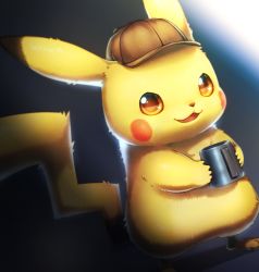 Rule 34 | brown eyes, brown hat, clothed pokemon, creatures (company), cup, dark background, detective pikachu, detective pikachu (character), dutch angle, foot out of frame, game freak, gen 1 pokemon, gradient background, hat, holding, holding cup, looking at viewer, nintendo, no humans, open mouth, pikachu, pokemon, pokemon (creature), solo, standing, tsuji, yellow fur