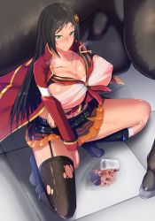Rule 34 | 1girl, bestiality, big shine, black hair, breasts, bursting breasts, curvy, green eyes, heavy breathing, highres, horse, huge breasts, idolmaster, idolmaster cinderella girls, imminent penetration, implied bestiality, indoors, large breasts, long hair, looking at viewer, looking up, mukai takumi, shiny skin, spilled drink, squatting, thick thighs, thighhighs, thighs, tile floor, tiles