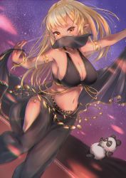 Rule 34 | 1girl, :d, absurdres, alternate costume, alternate hairstyle, armlet, armpits, bangle, belly chain, berotore, bikini, bikini top only, black pants, blonde hair, bracelet, breasts, choker, cleavage, collarbone, dancer, dancing, dark-skinned female, dark skin, dutch angle, elf, gold trim, hair down, halterneck, harem outfit, highres, hip vent, holding, holding clothes, hololive, jewelry, kintsuba (shiranui flare), large breasts, long hair, looking at viewer, midriff, mouth veil, navel, necklace, open mouth, orange eyes, outdoors, outstretched arms, panda, pants, pointy ears, revealing clothes, see-through, shiranui flare, sideboob, sky, smile, solo, solo focus, star (sky), starry sky, swimsuit, thighs, veil, virtual youtuber
