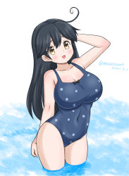 Rule 34 | 1girl, ahoge, black hair, breasts, brown eyes, casual one-piece swimsuit, cleavage, commentary request, dated, kantai collection, large breasts, long hair, masara (chuujou), one-hour drawing challenge, one-piece swimsuit, polka dot, polka dot swimsuit, simple background, soaking feet, solo, standing, swimsuit, twitter username, ushio (kancolle), wading, water, white background