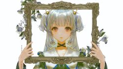 Rule 34 | 1girl, artist name, blue hair, choker, collarbone, expressionless, flower, grey hair, holding, holding frame, long hair, looking at viewer, multicolored hair, original, picture frame, pixiv id, portrait, ribbon choker, say hana, simple background, solo, straight-on, streaked hair, twitter username, two side up, upper body, white background