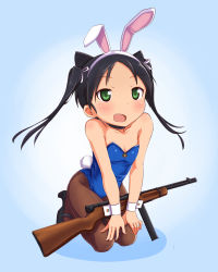 Rule 34 | 1girl, a9b (louis814), absurdres, alternate costume, animal ears, black hair, cat ears, fake animal ears, fang, francesca lucchini, green eyes, gun, highres, leotard, open mouth, pantyhose, playboy bunny, rabbit ears, rabbit tail, solo, strike witches, tail, twintails, weapon, white wrist cuffs, world witches series, wrist cuffs